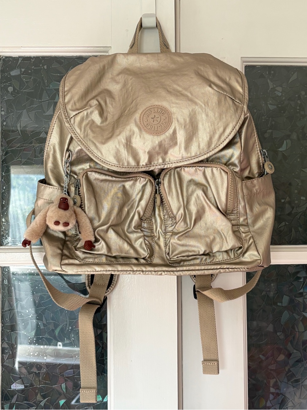 Kipling Gold Lightweight Nylon Backpack with Monkey Keychain